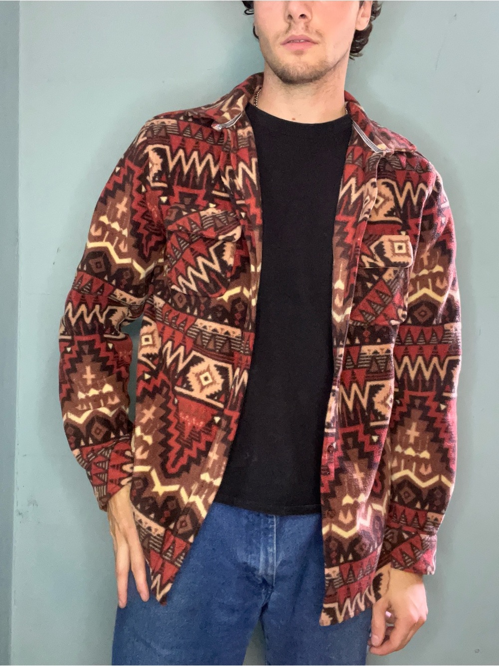 Men's Aztec Fleece Shirt Jacket - Red & Brown